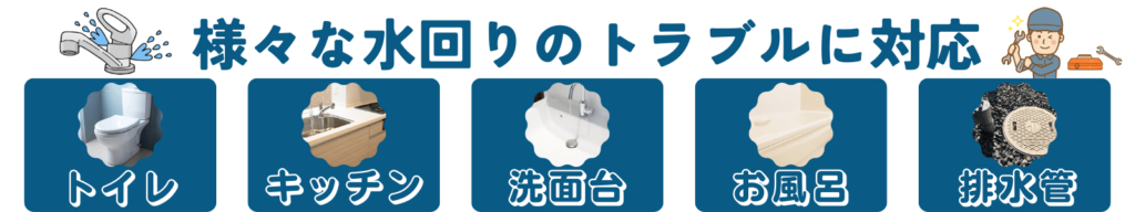 トイレつまり、キッチンつまり、洗面台、お風呂、排水管のつまりや高圧洗浄など様々な水回りのトラブルに対応しています